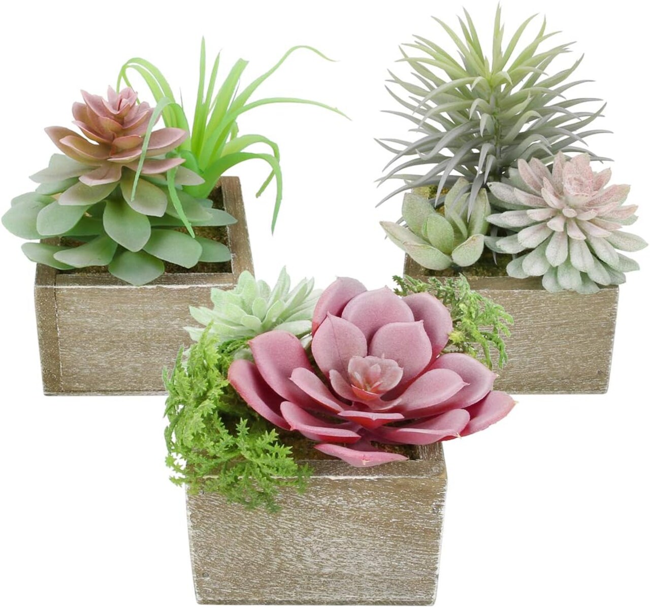 Artificial Mini Succulents in Wood Pots, Set of 3, for Home and Office Decor